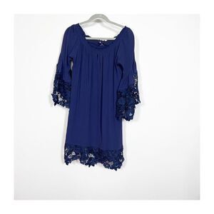 Muche Muchette Off Shoulder Dress Womens Medium Blue Smock Neck Floral Lace Mini